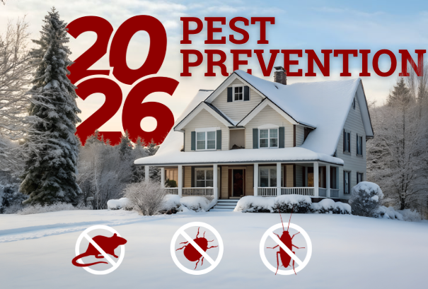2026 winter pest prevention concept showing a snow-covered home with icons for rodent, ant, and insect control, highlighting seasonal pest control services