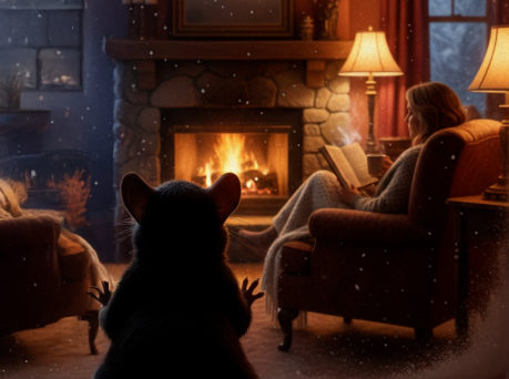 Mouse inside a home watching a homeowner by the fireplace, illustrating winter rodent activity and the need for pest control services.
