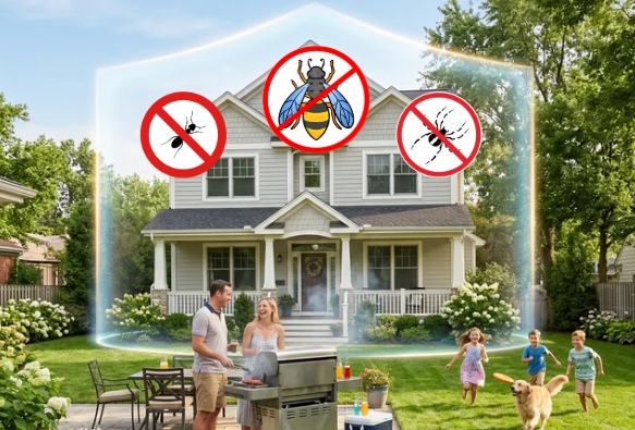Family enjoying backyard outside a home protected by a pest control barrier, with icons showing prevention of ants, flies, and stinging insects