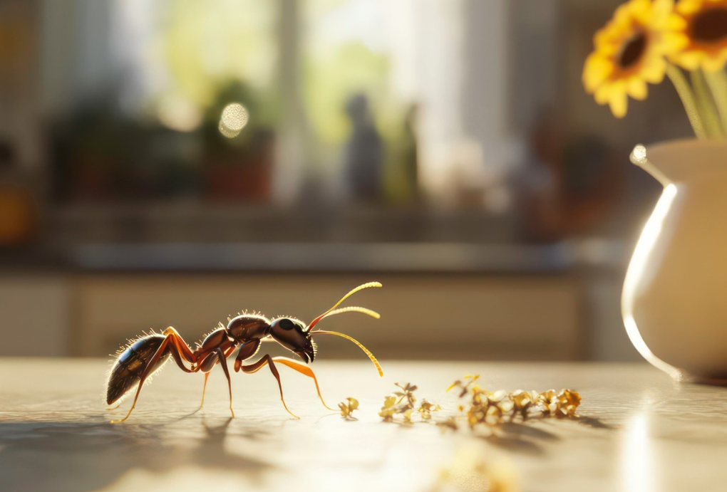 Carpenter ant searching for food on a kitchen countertop in a New Hampshire home, highlighting the need for professional ant control and pest control services from Greater NH Pest Control.