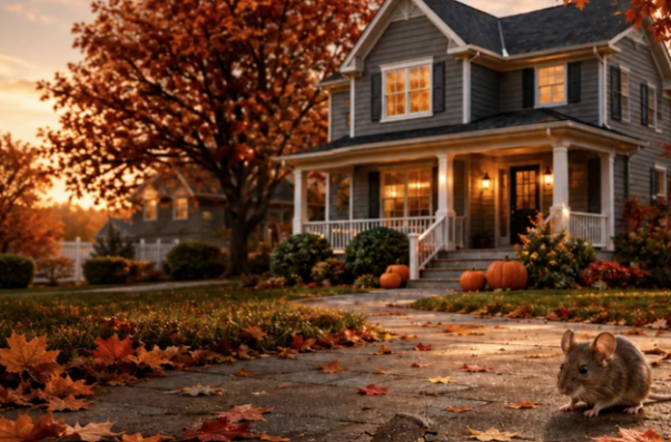 Fall pest prevention for a New Hampshire home with a mouse outside, highlighting residential pest control in Manchester, NH.